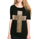 Black Short Sleeve Cross Leopard Print T-Shirt