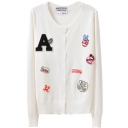 Letter Embroidered Round Neck Single Breast Long Sleeve Cardigan