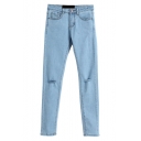 Light Wash Blue Zipper Fly Fitted Open Knees Pencil Jeans