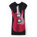 Guitar Print Lapel Short Sleeve Fitted Dress