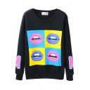 Colorful Lip Print Long Sleeve Velvet Inside Sweatshirt