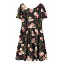 Black Back Blossom Print Short Sleeve Chiffon Fit&Flare Dress