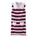 Striped Lapel Sleeveless Pocket Dress