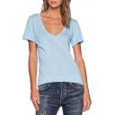 Blue V-Neck Short Sleeve T-Shirt with Single Pocket