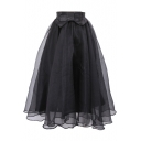 Bowknot Elastic Waist Organza A-Line Midi Skirt