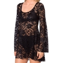 Lace Cutwork Flare Sleeve Sexy Mini Loose Cover Up