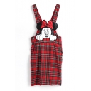 Embroidered Cartoon Pattern Plaid Midi Dress with Shoulder-Straps