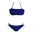Blue Plain Halter Low Rise Ruffle Bow Bikini Set