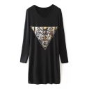 Tiger Head Print Long Sleeve Fitted Dress