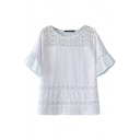 White Lace Crochet Short Sleeve Round Neck Blouse