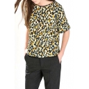 Short Sleeve V-Back Cutout Style Leopard Blouse