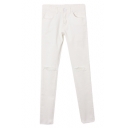 White Plain Raw Edge Hem Open Knees Pencil Jeans with Zipper Fly
