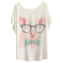 Wearing Glasses Piggy&Dog Print White Tee