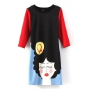 Color Block Round Neck 1/2 Sleeve Character Print Shift Dress
