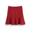 Red Elastic Waist Ruffle Hem Mini Skirt