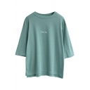 Green 1/2 Sleeve Smile Print Loose T-Shirt