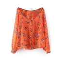 Orange Long Sleeve Single Breast Floral Print Chiffon Blouse