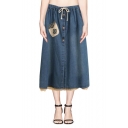 Blue Oblique Pocket Front Elastic Waist Drawstring Denim Midi Skirt