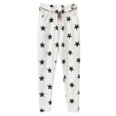 White Background Elastic Waist Belted Star Pattern Pants