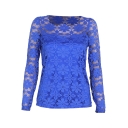 Blue Round Neck Long Sleeve Lace Crochet Sheer Top