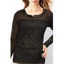 Black Stand Collar Long Sleeve Lace Mesh Inserted Top