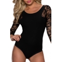 Plain Round Neck Lace 3/4 Sleeve Fitted Romper