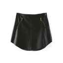 Black PU Double Zipper Mini Skirt with Curved Hem