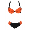 Orange Wide Strap Color Block Cross Back Bikini Set