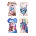 Animal Letter Print Round Neck Batwing Sleeve T-Shirt