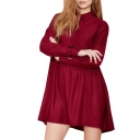 Red High Waist Long Sleeve Pleated Shirt Dress