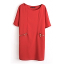 Red 1/2 Sleeve Office Lady Style Zipper Dress