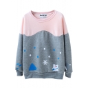 Color Block Bear Snowflake Print Polka Dot Round Neck Sweatshirt