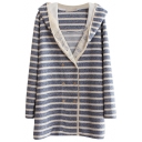Mori Girl Style Lace Insert Hood Stripe Pattern Double-breasted Midi Coat