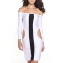 Sexy Color Block Off-The-Shoulder Long Sleeve Dress with Side Cutout