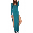 Sexy Plain Long Sleeve Round Neck Maxi Dress with Side Split