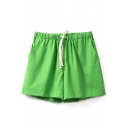 Green Mid Waist Drawstring Loose Shorts