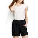 Color Block Lace Round Neck Gathered Waist Rompers