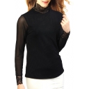 Black High Neck Lace Inserted Long Sleeve Top
