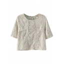 Beige Lace Crochet Short Sleeve Round Neck T-Shirt