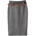 Gray Basic Knitting Pencil Skirt with Belt