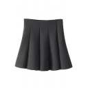 Black Plain Cotton Pleated A-Line Mini Skirt