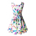White Sleeveless Colorful Feather Print Dress