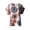 White Short Sleeve Colorful Geometric Print Chiffon T-Shirt