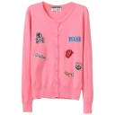 Letter Skull Embroidered Round Neck Single Breast Long Sleeve Cardigan