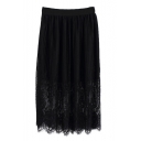 Vertical Stripe and Lace Crocheted Tea Lend Elastic Waist Skirt