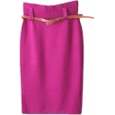 Plum Basic Knitting Pencil Skirt with Belt