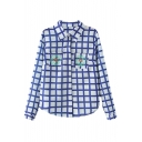 Blue Checker Flora Embroidered Chiffon Shirt