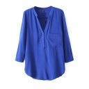 Royal Blue Long Sleeve V-Neck Pocket Blouse