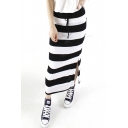 Classic Black-White Stripes Side Split Longline Tube Skirt