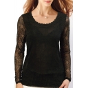 Sexy Black Round Neck Long Sleeve Lace Crochet Top